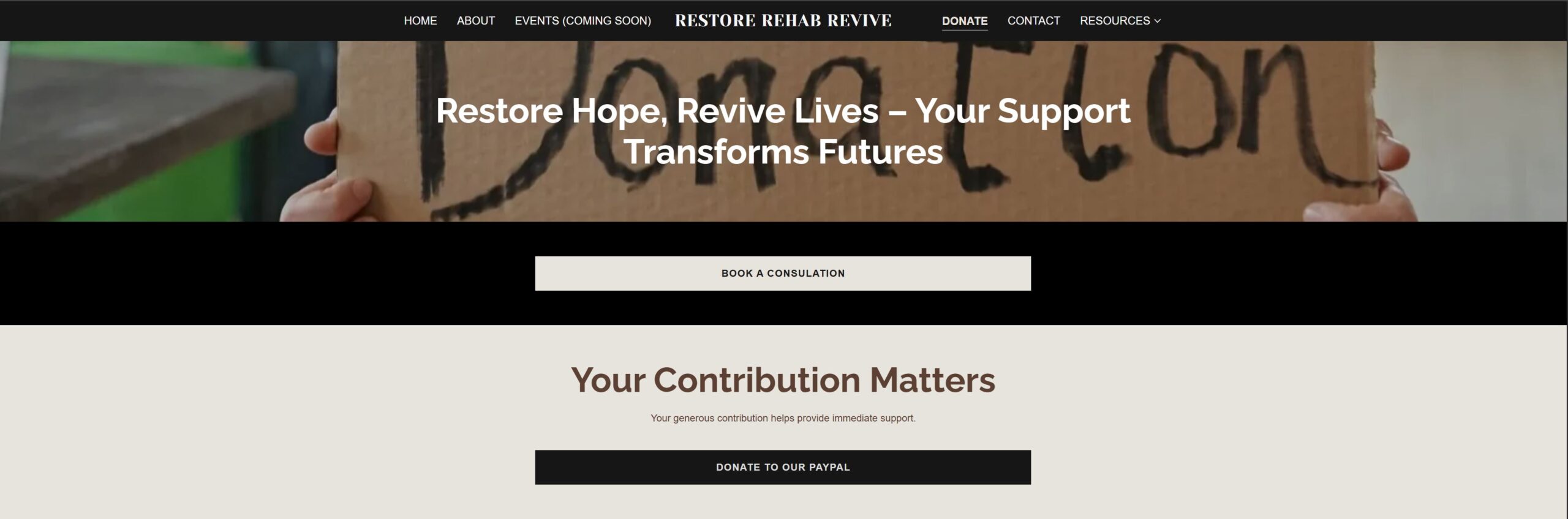 Donate page of RestoreRehabRevive