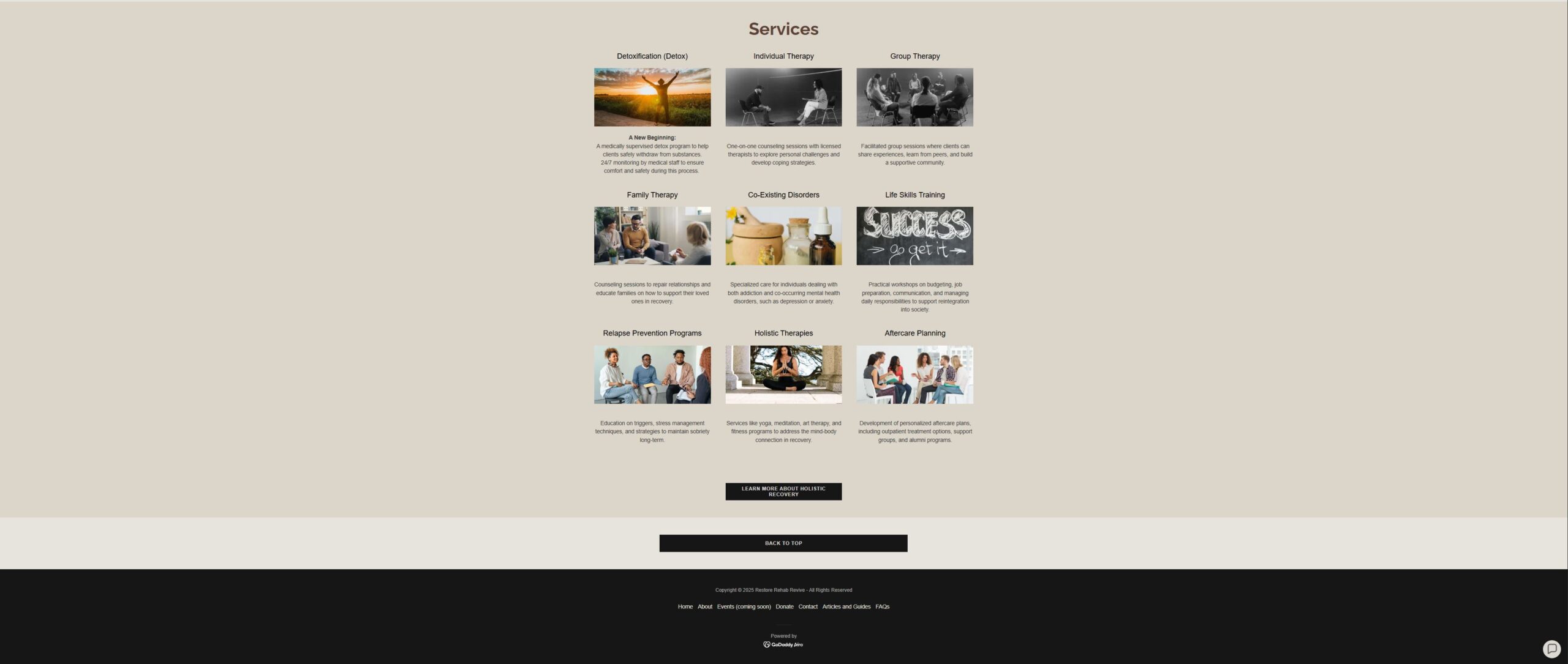 Services section of RestoreRehabRevive